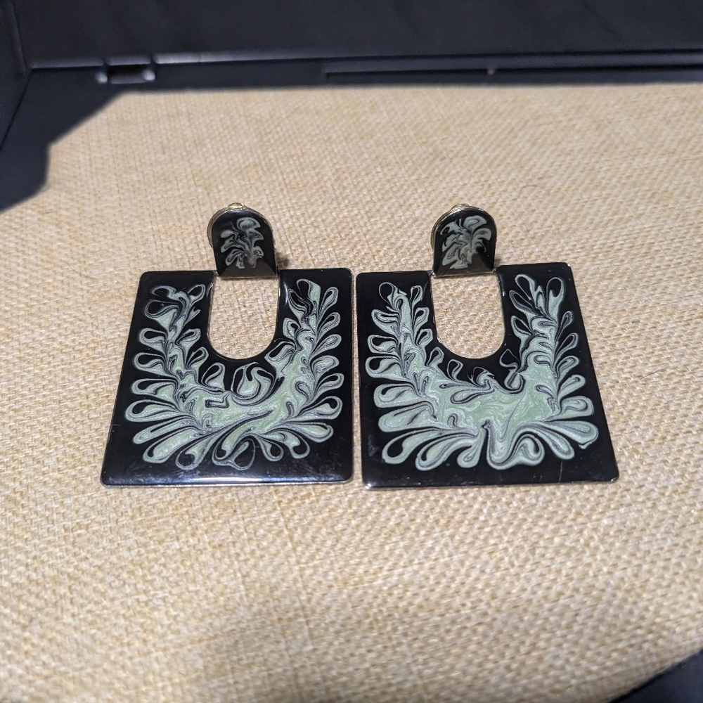 vintage black and green enamel geometric statement Clip On earrings